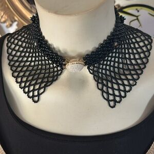 Vintage Black Crocheted Bead Bib Collar Necklace